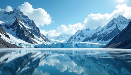 Towering glaciers meet the sky amidst a vast frozen lake and snow-covered mountains, glacial peaks, glaciers
