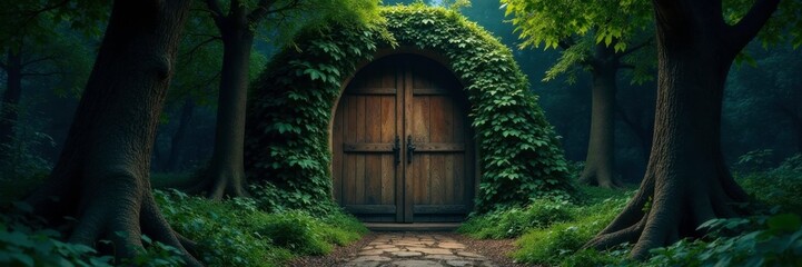 Trees surround a large wooden door with vines and moss covering it, vines, creepy, nighttime
