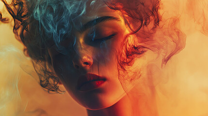 Ethereal Portrait of Woman Surrounded by Colorful Smoke Swirls