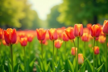 Tulips swaying gently in a gentle breeze amidst lush greenery, field, landscape, plants