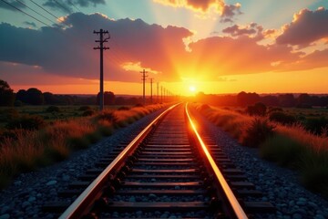 Obraz premium Long straight railway gleaming in the last light of day, fading sunlight , gleaming, train