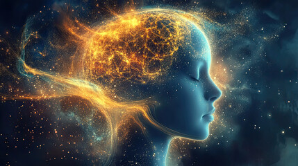 Ethereal Woman with Cosmic Energy Flowing from Her Mind