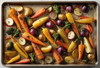 Roasted Root Vegetables and Potatoes on Baking Sheet: Colorful Autumn Harvest Food Photography for Website and Social Media