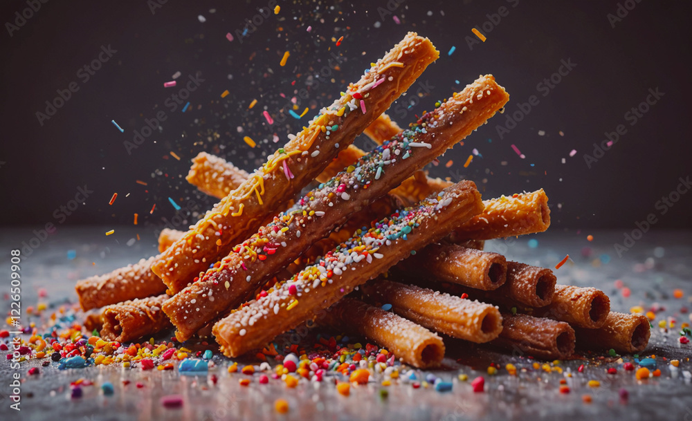 Poster A pile of colorful candy sticks with sprinkles on top. Concept of fun and indulgence, as the colorful candy sticks and sprinkles create a visually appealing and tempting display