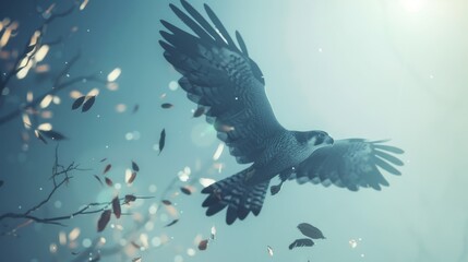 Majestic Falcon Soaring Gracefully Through Clear Azure Sky with Wings Spread Wide in Flight