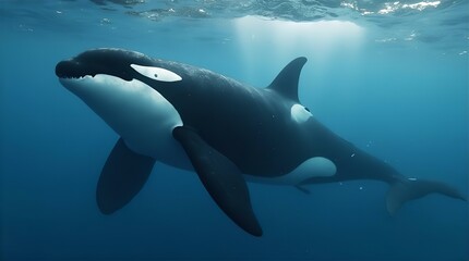 Fototapeta premium Majestic Orca Whale Underwater: Stunning Photo of Killer Whale Swimming in Ocean Depths, Wildlife Photography, Marine Mammal
