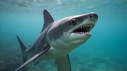 Naklejka premium Close-Up of a Majestic Mako Shark Underwater Stunning Aquatic Wildlife Photography Ocean Predator Powerful Jaws Sharp Teeth Marine Animal