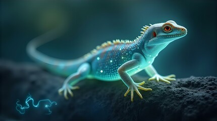 Fototapeta premium Glowing Blue Lizard Fantasy Art Digital Painting: Surreal Reptile with Energetic Sparkles, Mystical Creature Illustration