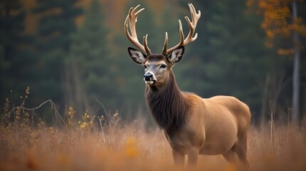 Naklejka premium Majestic Bull Elk in Autumn Meadow Stunning Wildlife Photography Breathtaking Nature Image Fall Colors Wild Animal Portrait