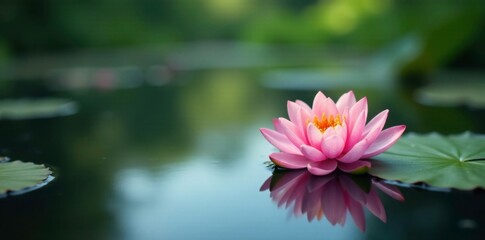 Water lilies bloom softly on a lake's surface, calm, lake