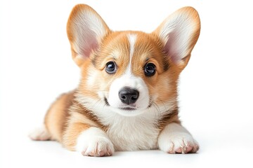 Obraz premium An isolated front view of a Corgi puppy on a white backdrop. Generative Ai
