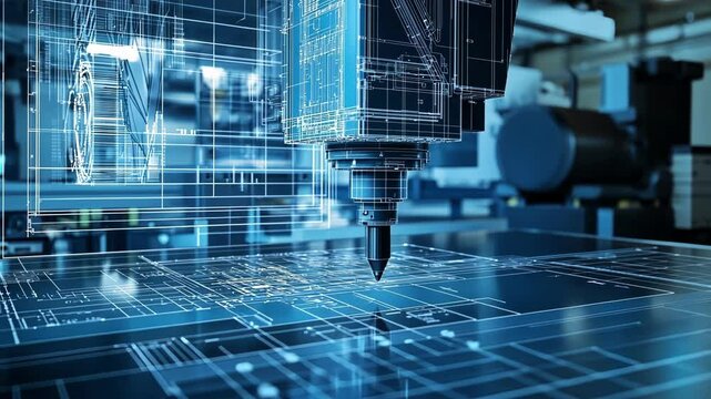 Hologram of machine parts being projected onto surface while industrial robotic arm working in modern factory, showcasing advanced manufacturing technology and innovation