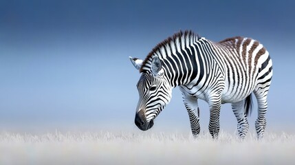 Zebra grazing in savannah, serene blue sky background.  Wildlife photography for nature documentaries