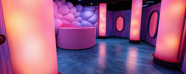 clean energy wind strategy concept. Vibrant interior with glowing pink and purple lights and cylindrical columns.