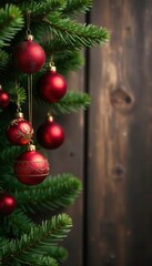Fototapeta premium Red and gold ornaments hang from fir branch on a rustic wooden wall, ornaments, rustic