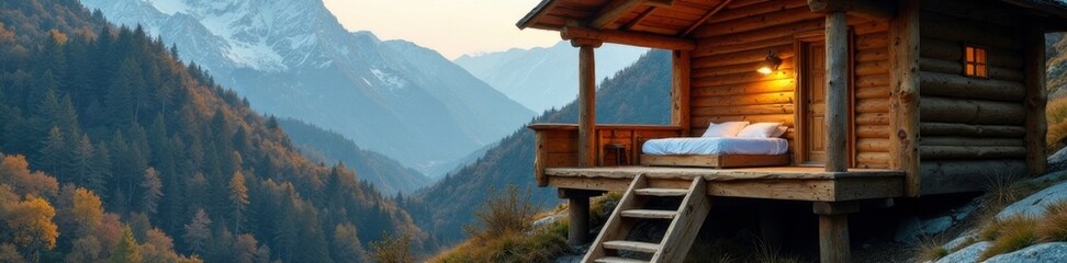 Wooden ladder leads to a secluded mountain cabin's loft bed, peaceful retreat, mountain hut, loft bed