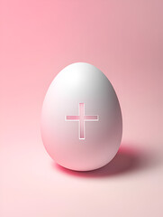 Fototapeta premium Minimalist Egg with Plus Sign: A single, white egg, illuminated by a soft pink light, features a subtle cross engraved on its surface. The simplicity and delicate design create a minimalist aesthetic.