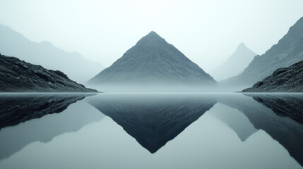 serene mountain landscape with sharp peaks reflected perfectly in calm, glassy lake, creating symmetrical and tranquil scene under misty sky