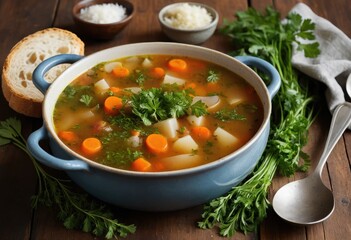 Warm and inviting vegetable soup in rustic blue bowl, garnished with fresh parsley, served with crusty bread; perfect for fall and winter.
