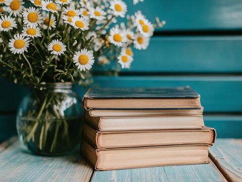 Still life with daisy bouquet in glass vase and stack of old books on blue wooden surface