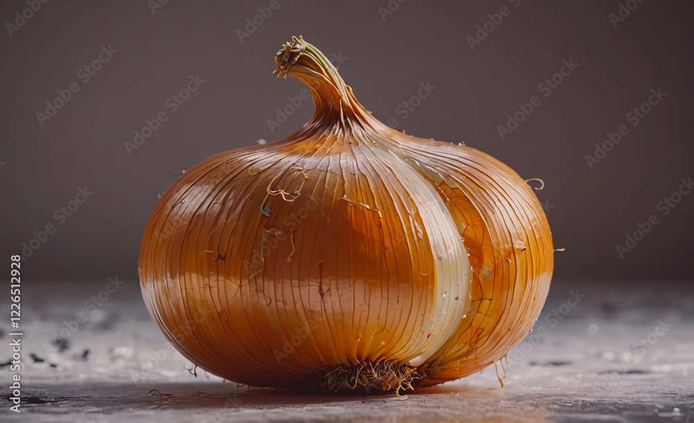 Poster A large onion is sitting on a table. The onion is cut in half and has a stem on top. The image has a warm and inviting mood, as the onion is a common ingredient in many dishes and is often associated