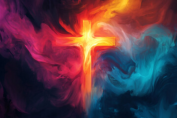 Fototapeta premium The Light of Hope: A luminous cross glows brightly amidst swirling clouds of vibrant red, blue, and purple, representing faith, hope, and the divine in a dramatic and symbolic abstract.