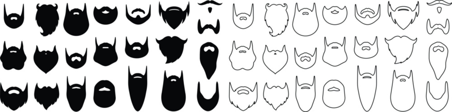 Beards Black silhouette icon in flat line set. Symbol of man beard Vector for apps or website beards for men face isolated on transparent background Hipster or retro gentleman with long curly beard