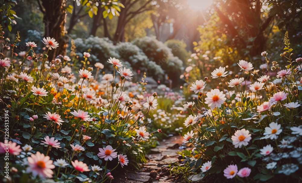 Poster a field of pink flowers with a path through it. the flowers are in full bloom and the sun is shining