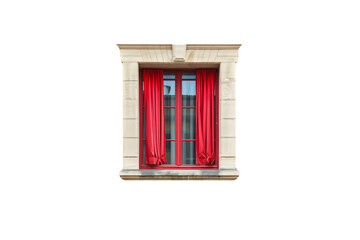 A window with red curtains against a black background, depicting