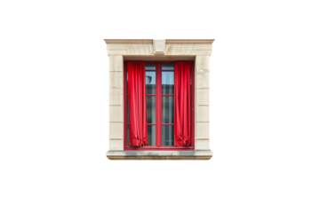 A window with red curtains against a black background, depicting