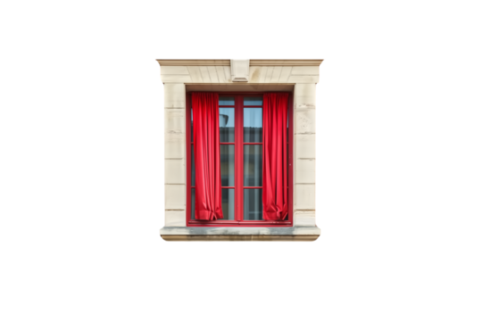 A window with red curtains against a black background, depicting
