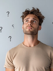 Young man contemplating in a minimalist room setting