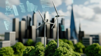 clean energy wind strategy concept. Urban landscape featuring wind turbines and digital elements representing sustainability and technology.