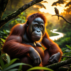 Naklejka premium orang Utan on its habitat, Papua Forest, extinct animal sunset, tropical forest, river, created by generative ai