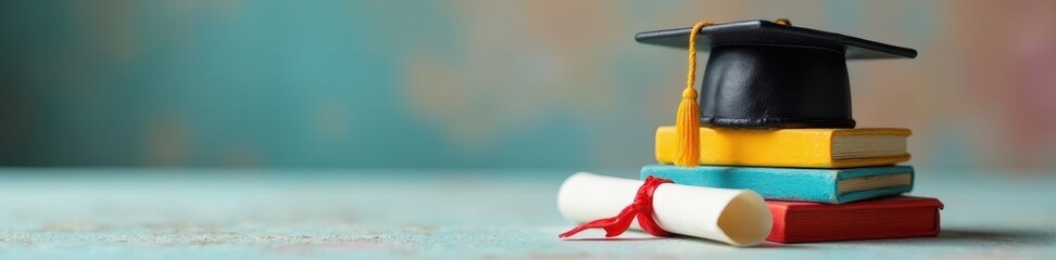 Small graduation cap on a stack of colorful blocks, tiny diploma, joyful, celebrate, success
