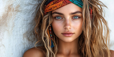 Close-up portrait of a young woman with stunning blue eyes and beautiful freckles.