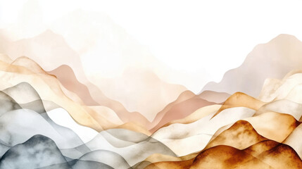 Obraz premium Abstract watercolor landscape with soft beige, brown, and gray tones forming layered mountain like shapes, evoking calming and serene atmosphere