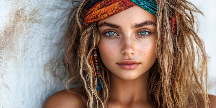 Close-up portrait of a young woman with stunning blue eyes and beautiful freckles.