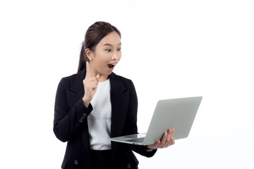 Portrait young asian business woman standing work on laptop computer thoughtful isolated on white background, businesswoman in suit thinking idea using notebook, marketing and communication.