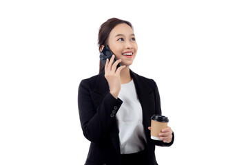 Portrait cheerful young asian businesswoman holding coffee cup while talking smart phone with relax...