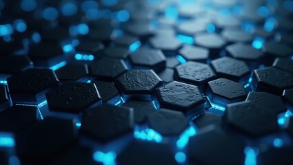 Fototapeta premium Hexagonal technology abstract vector background, with a mesmerizing, vibrant blue bright energy flashes pulsating beneath each hexagon.