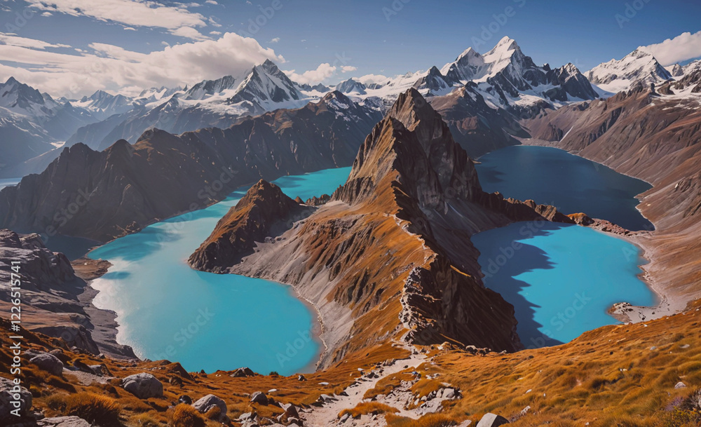 Poster a mountain range with a lake in the middle and a mountain on the right. the lake is blue and the mou