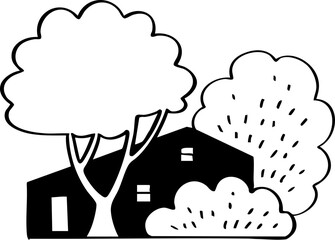 hand drawn cartoon of house with garden illustration.