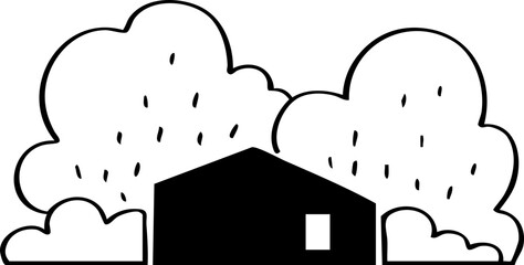 hand drawn cartoon of house with garden illustration.