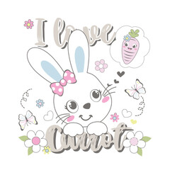 Cute rabbit vector surrounded by vibrant flowers and small insects, creating a charming and peaceful nature scene
