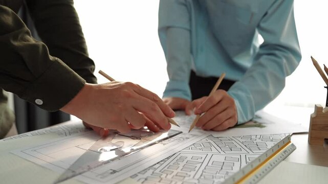 Smart architect and safety engineer discussion about building blueprint on table with architectural document, measurement tools and wooden block scatter around at modern office. Closeup. Delineation.