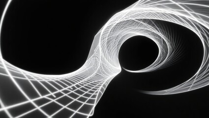 Abstract geometric curved space with white lines that seem to vortex into a distorted dimension, evoking a sense of futuristic unease.