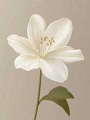 Fototapeta premium Elegant white flower with brown center on a light brown background with a green stem and leaves