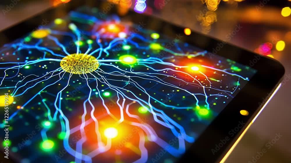 Poster futuristic tablet is displaying a network of colorful neurons and synapses communicating with each o
