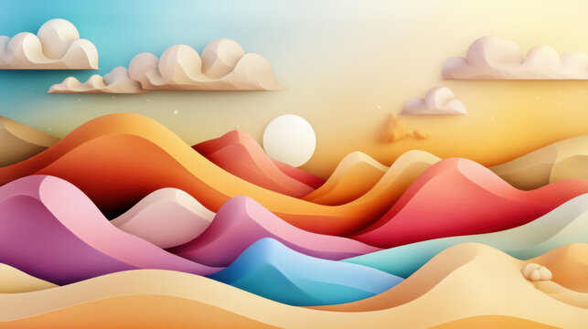 Colorful rolling hills under dramatic sky with soft clouds and glowing sun, creating serene and dreamy landscape with intricate gradients and smooth textures
